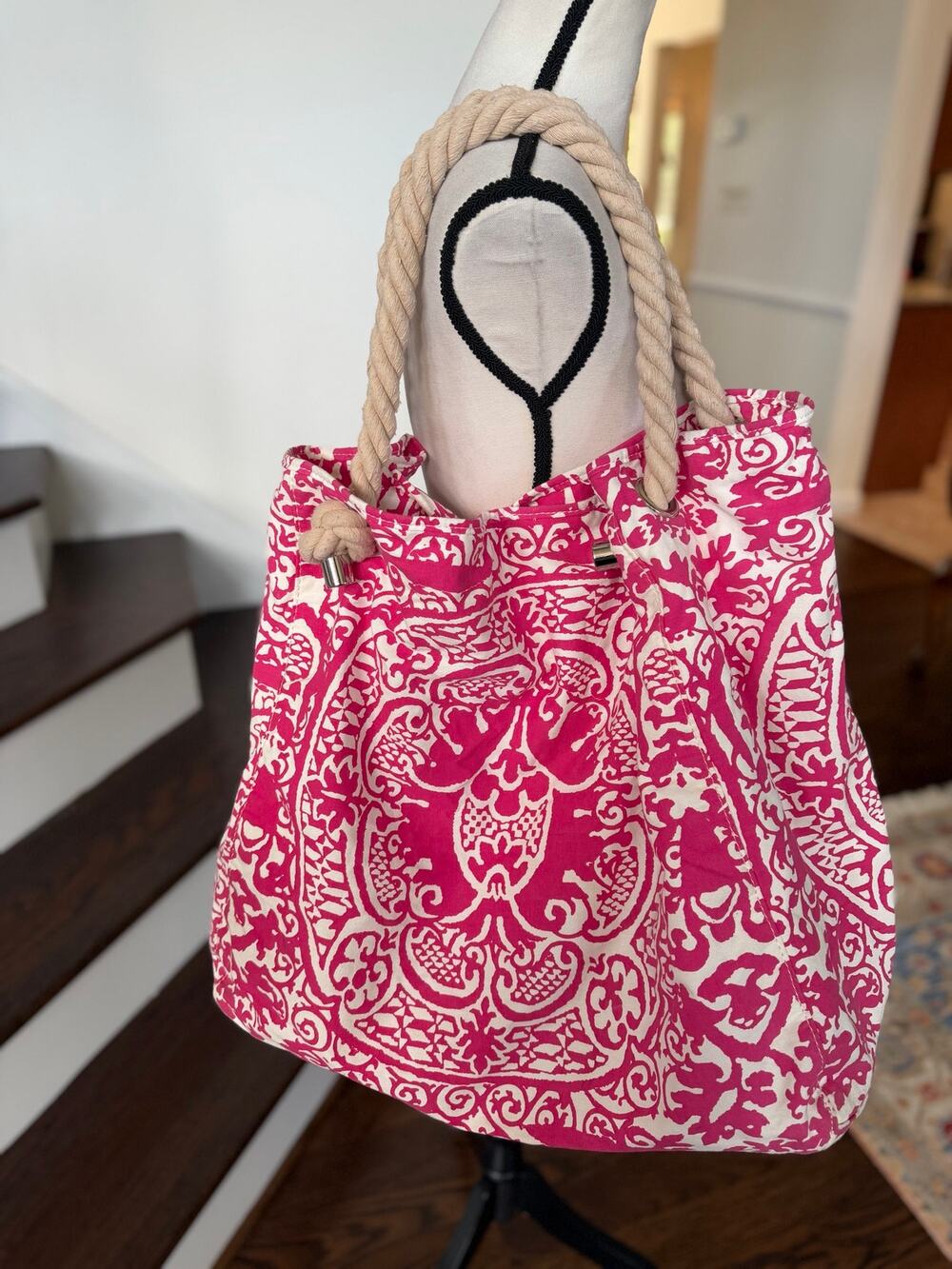 Donna Dixon Pink White Damask Canvas Rope Tote Bag Beach Resort Boho 18x18